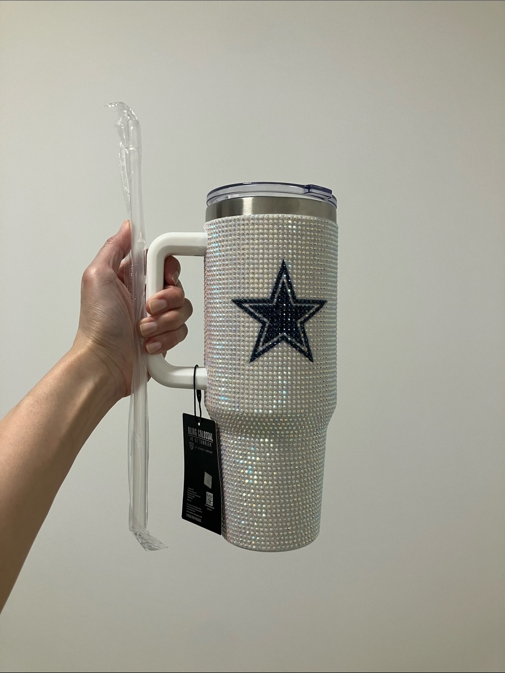 White Rhinestone Travel Tumbler with Navy Star Accent